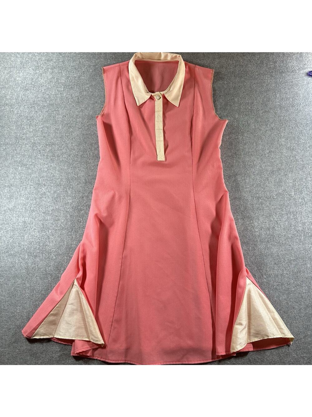 Vintage Pink Ivory Solid Sleeveless Collared Button Front A-Line Midi Dress M